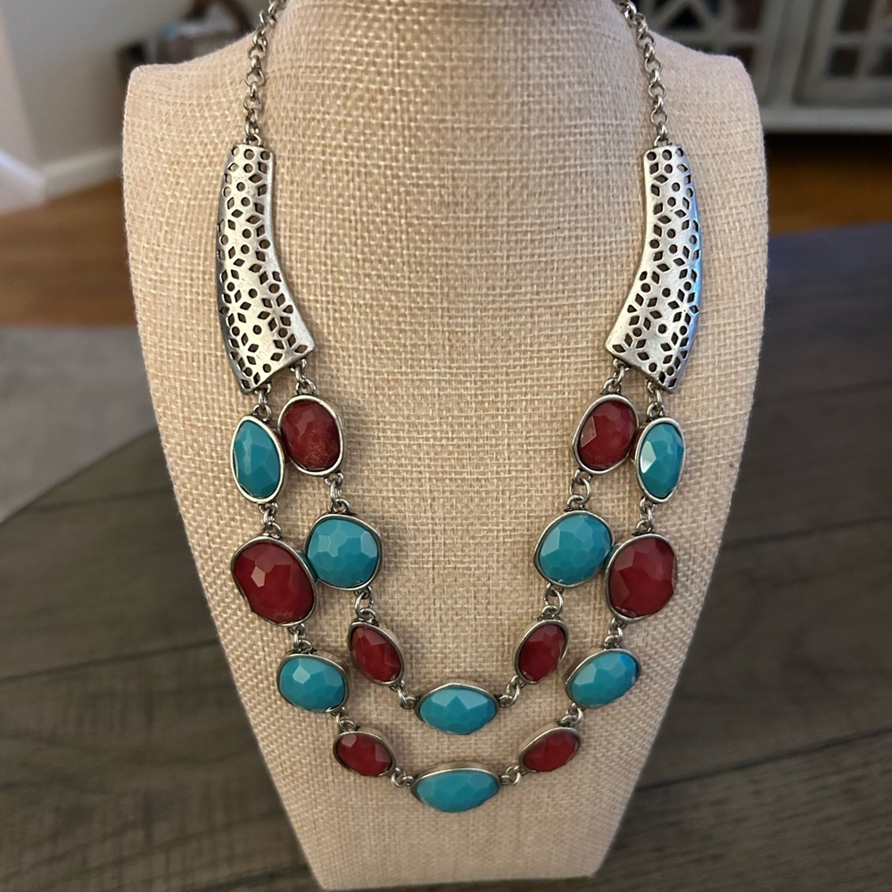 Turquoise and Red Color Beads On Double Silver 18 Inch Chain